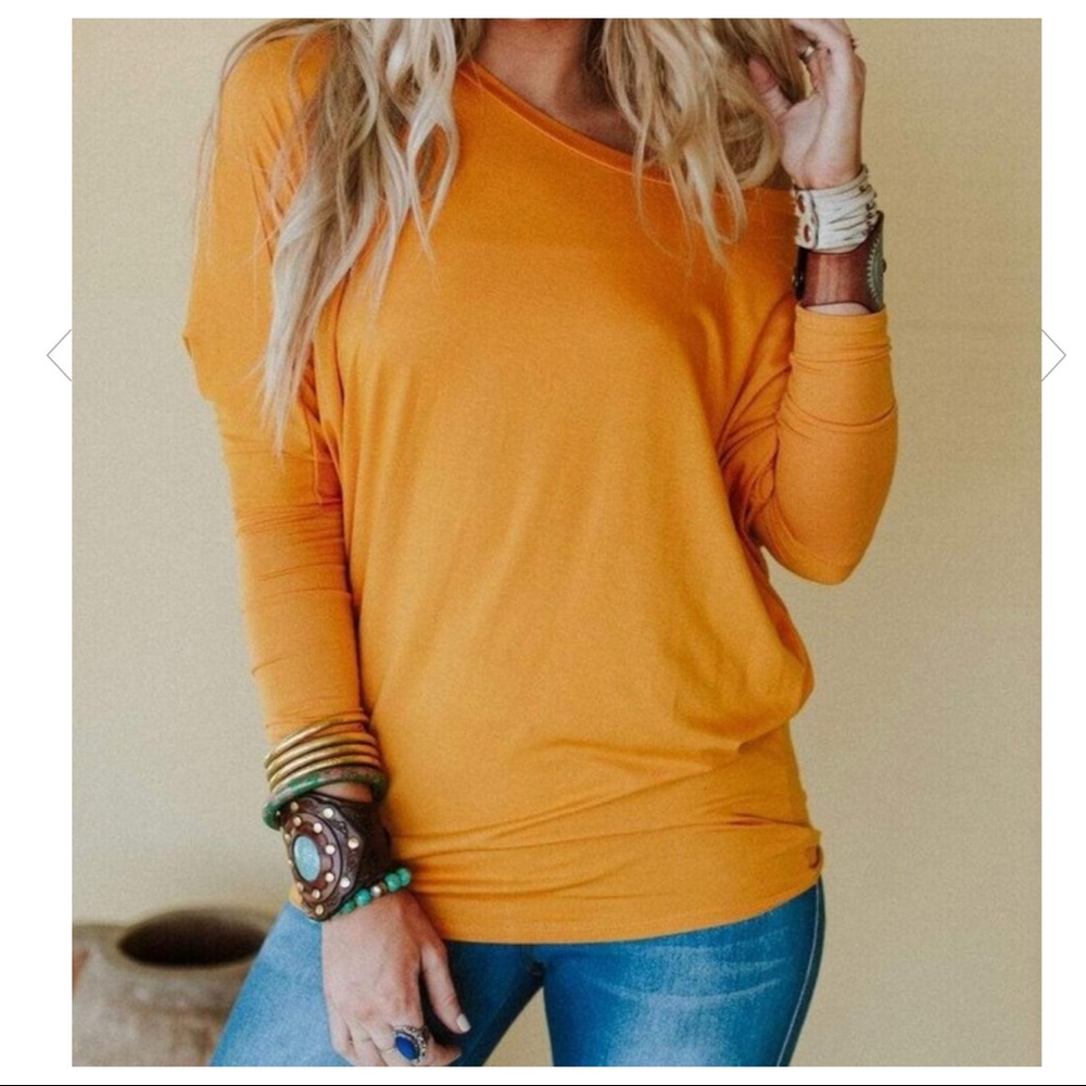 MUSTARD DOLMAN BOATNECK 3/4 SLEEVES TUNIC TOP - Picture 2 of 4